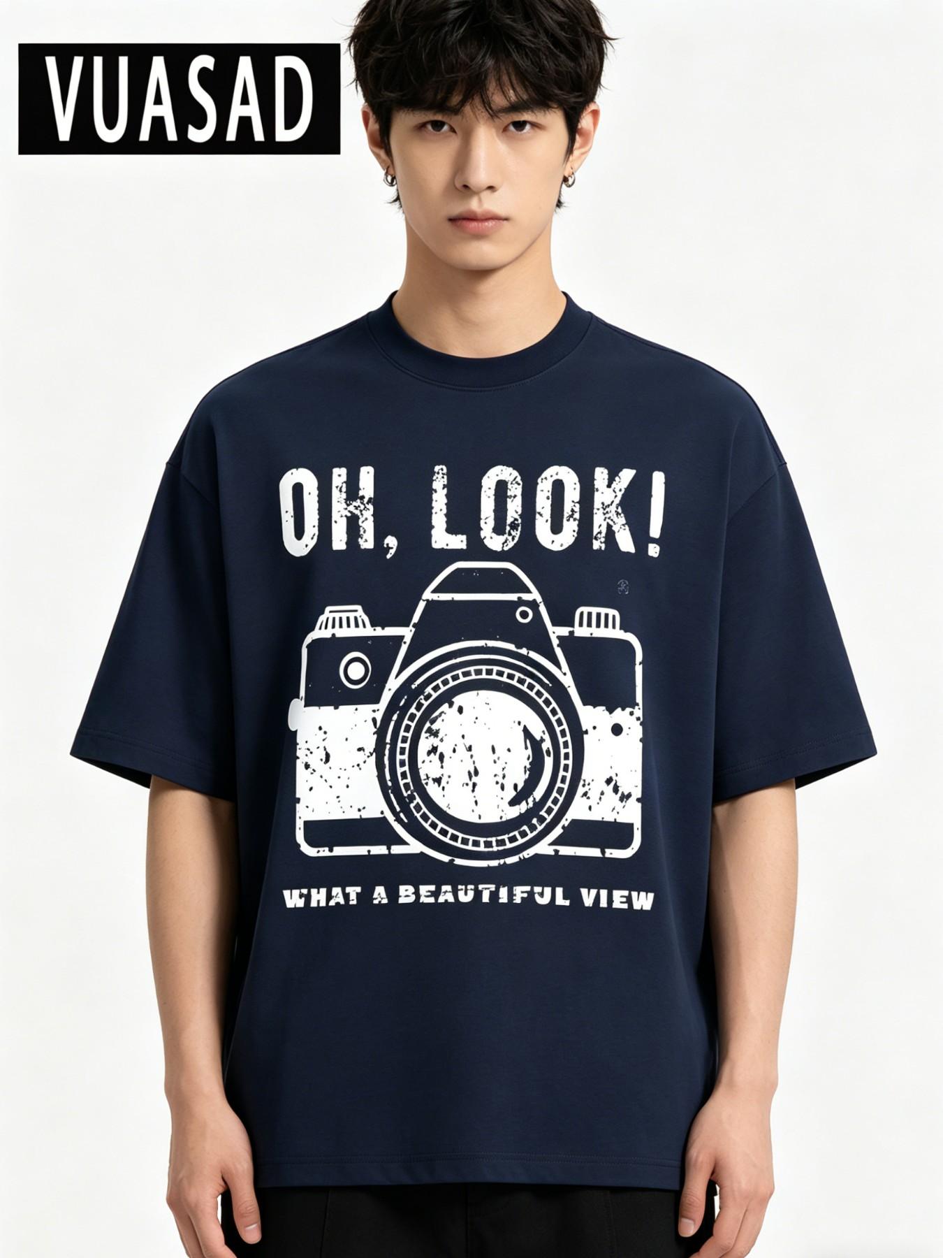 Men's Vintage Camera Pattern Cotton T-Shirt, American Retro Street Style, Casual Loose-Fitting Short Sleeve Top, Long Length
