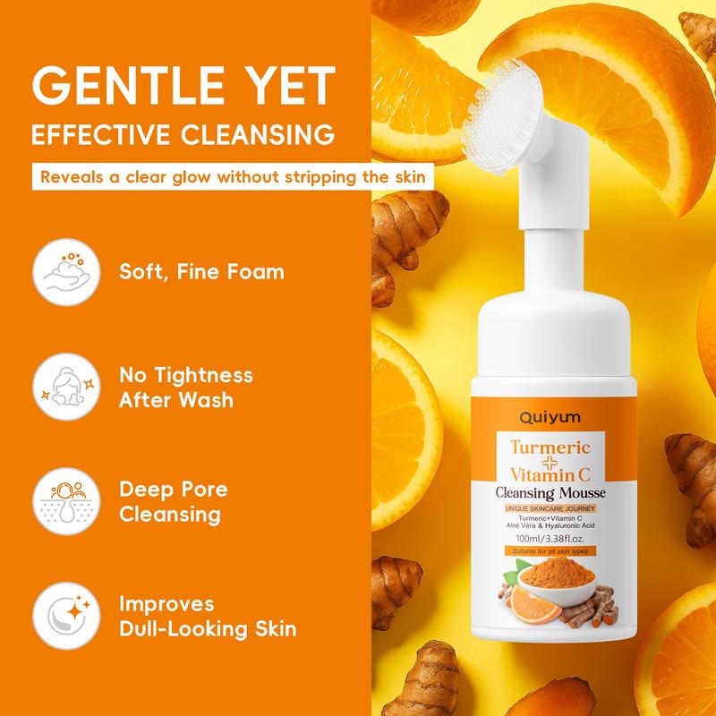 Quiyum Turmeric Vitamin C Cleansing Mousse with Massage Cleansing Brush, 1/2 pcs, Gentle Face Wash for Brightening Skin, Hydrating & Nourishing Formula Quiyum Turmeric Vitamin C Cleansing Mousse with Massage Cleansing Brush, 1/2 pcs, Gentle Face Wash for Brightening Skin, Hydrating & Nourishing Formula