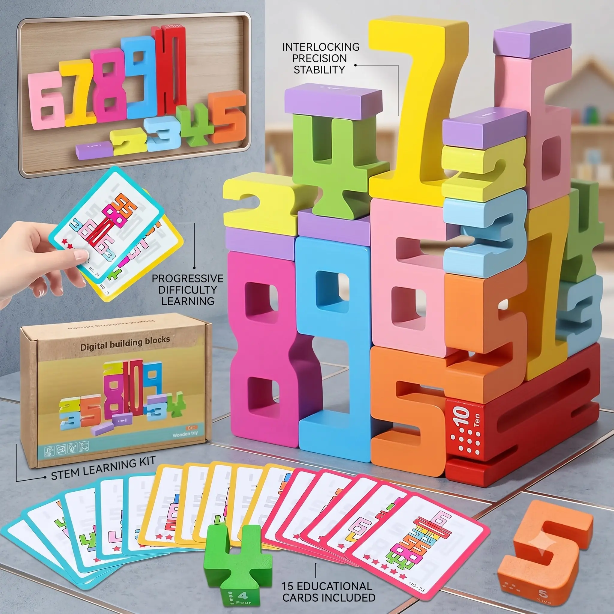 Colorful Wooden Math Building Blocks | Educational Stacking Toy & Interactive Learning Set | Premium Zelkova Wood | STEM Gift Birthday Christmas Halloween