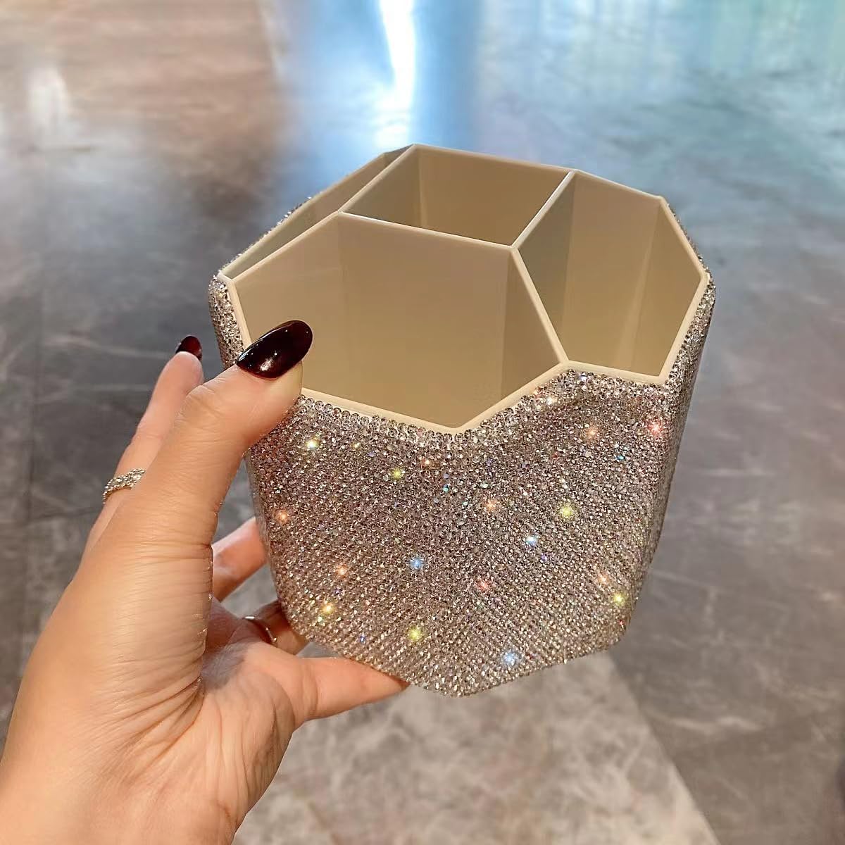 Shiny Bling Decoration Makeup Brush Holder Organizer - 360° Rotating Glitter Rhinestone Storage Box with 5 Slots, Large-Capacity Organizer for Pens, Perfume & Makeup Storage on Bathroom Countertops Shiny Bling Decoration Makeup Brush Holder Organizer - 360° Rotating Glitter Rhinestone Storage Box with 5 Slots, Large-Capacity Organizer for Pens, Perfume & Makeup Storage on Bathroom Countertops