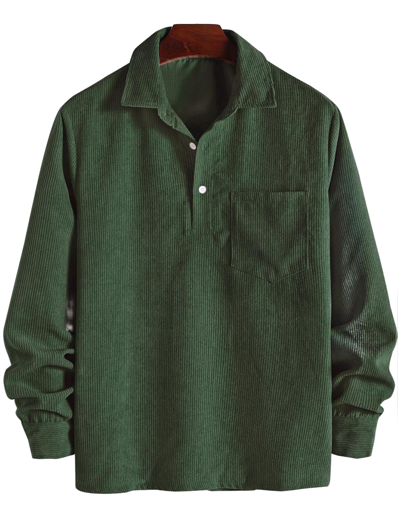ZAFUL Men's Corduroy Shirts Solid Color Fall Half Button Long Sleeves Polo Shirt Casual Work Collared Shirt with Casual Outdoor Shirt