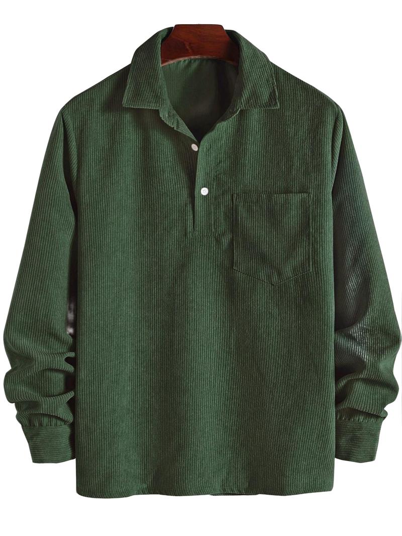 ZAFUL Men's Corduroy Shirts Solid Color Fall Half Button Long Sleeves Polo Shirt Casual Work Collared Shirt with Casual Outdoor Shirt