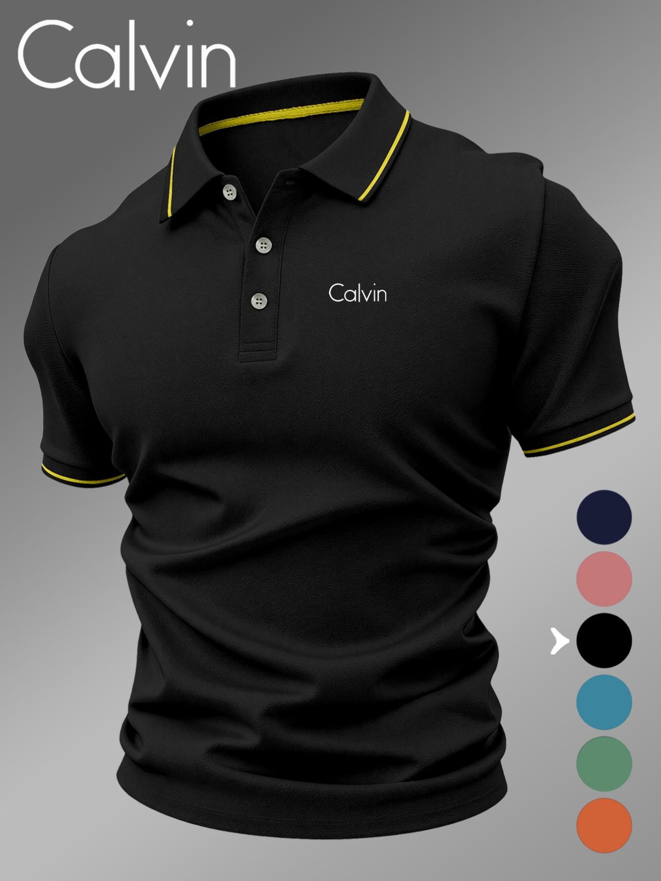 Lb5030 Classic Calvin Logo Print Men's Polo Shirt, Fitted Geometric Pattern, Casual Style, Breathable and Comfortable, All-Season Wear