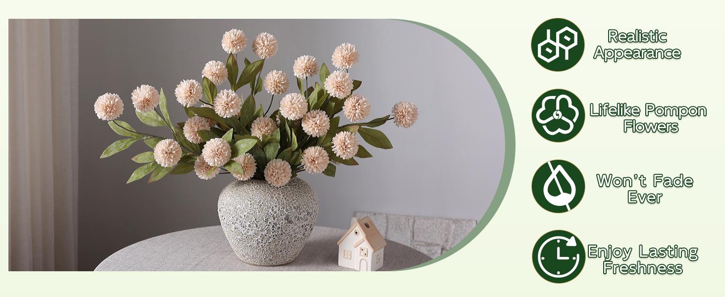 12 Pcs Faux Silk Pompon Mum Artificial Flowers for Vase -27", Bulk Fake Chrysanth Branches with Stems for DIY Bouquet Centerpieces Wedding Fillers Arrangements Shower Decorations (Beige)