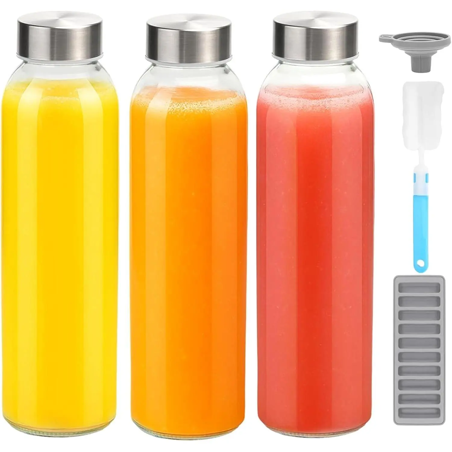 18 fl oz Leakproof Glass Water Bottles with Stainless Steel Lids - Set of 3 Kitchen Drinkware, Dishwasher Safe Fridge Jars for Juicing, Smoothies