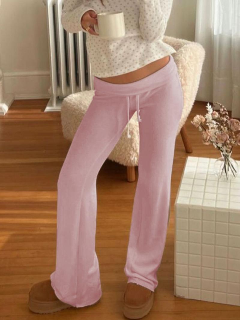 Women's Solid Drawstring Waist Pants, Casual Comfy Straight Leg Trousers for Daily Wear, Rib Flares Pants, Ladies Bottoms for Spring & Summer & Fall