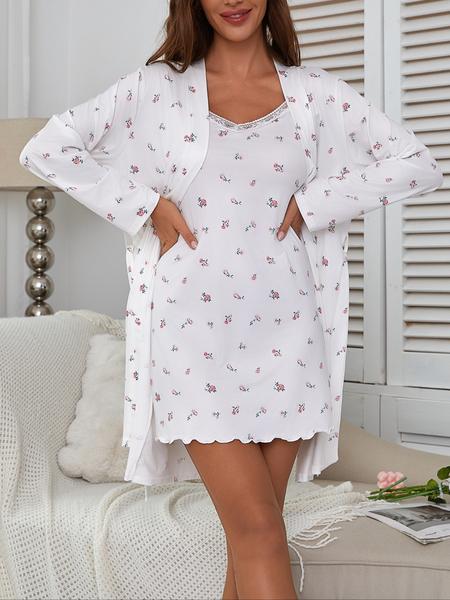 Women's Floral Print Robe Set with Lace Strap Dress, Elegant Comfortable Sleepwear, Fashion Sleepwear, Casual Home Wear, All Seasons, Fitted Style