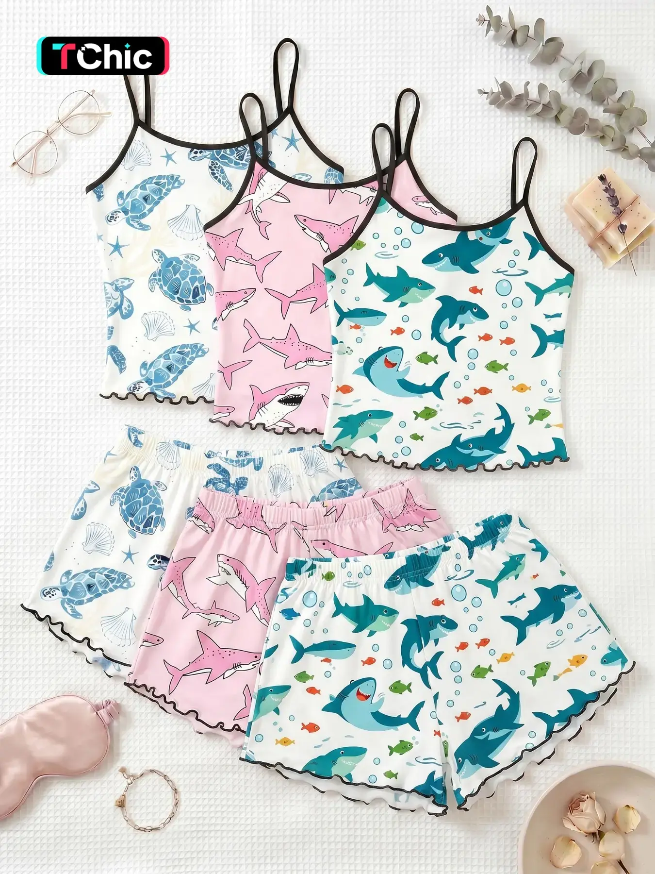 3-Piece Shark Turtle Print Pajama Set, Sleeveless Above Knee Sleepwear, Sweet Cool Girl Style, Breathable Home Wear, Summer Pjs
