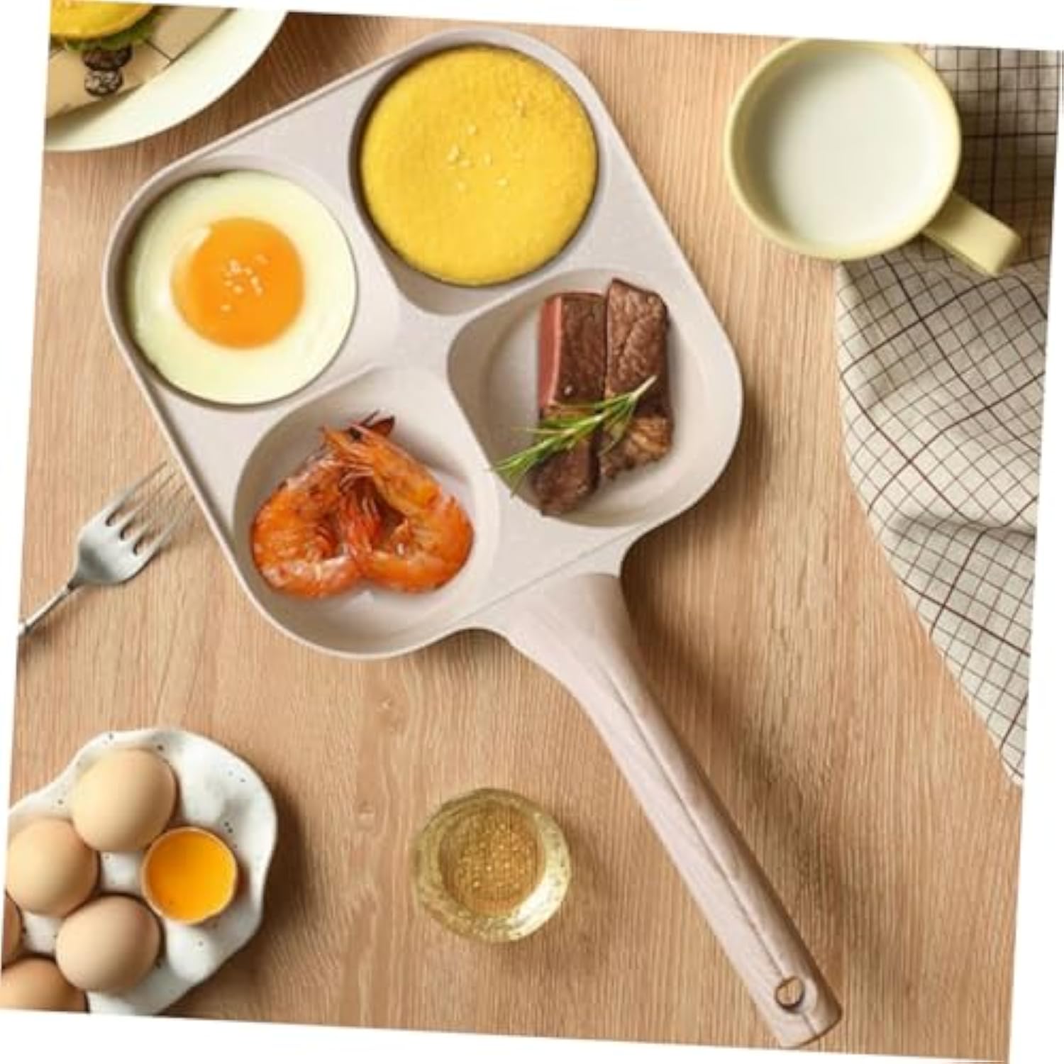 Multifunctional Non-stick Egg Frying Pan – 4 Holes Skillet with Wooden Handle, Medical Stone Omelet Maker for Pancakes, Burgers, Breakfast & Quick Cooking at Home.Non-stick Beige Cookware frying pan.Nonstick Woks