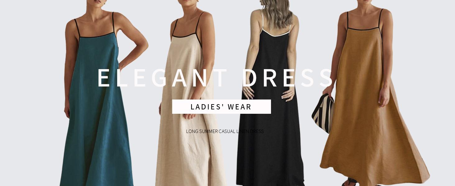 CHARTOU Women's maxi dress Summer Solid Color Loose Long Skirt with Thin Shoulders and Flax Sleeveless Skirt