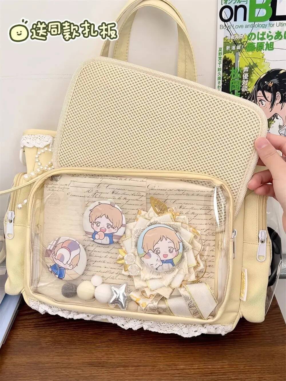 New Nylon/Polyester Ita Bag for Lolita Girls - Transparent Large-Capacity Shoulder Tote, Crossbody, DIY Display Casual Handbag