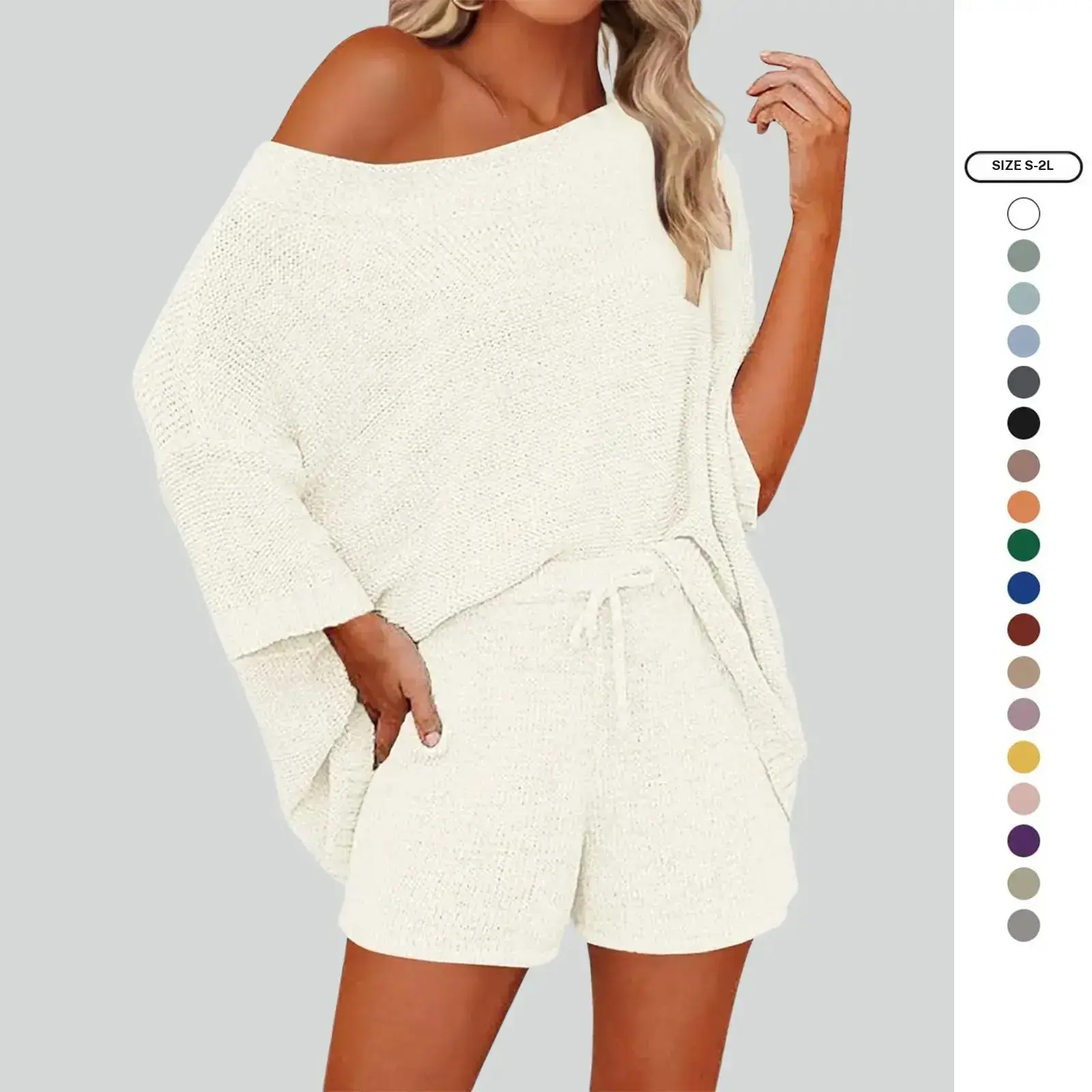 Imily Bela Women's 2 Piece Outfits Sweater Sets Off Shoulder Knit Top Shorts Matching Suits Cute Pajama Lounge Set
