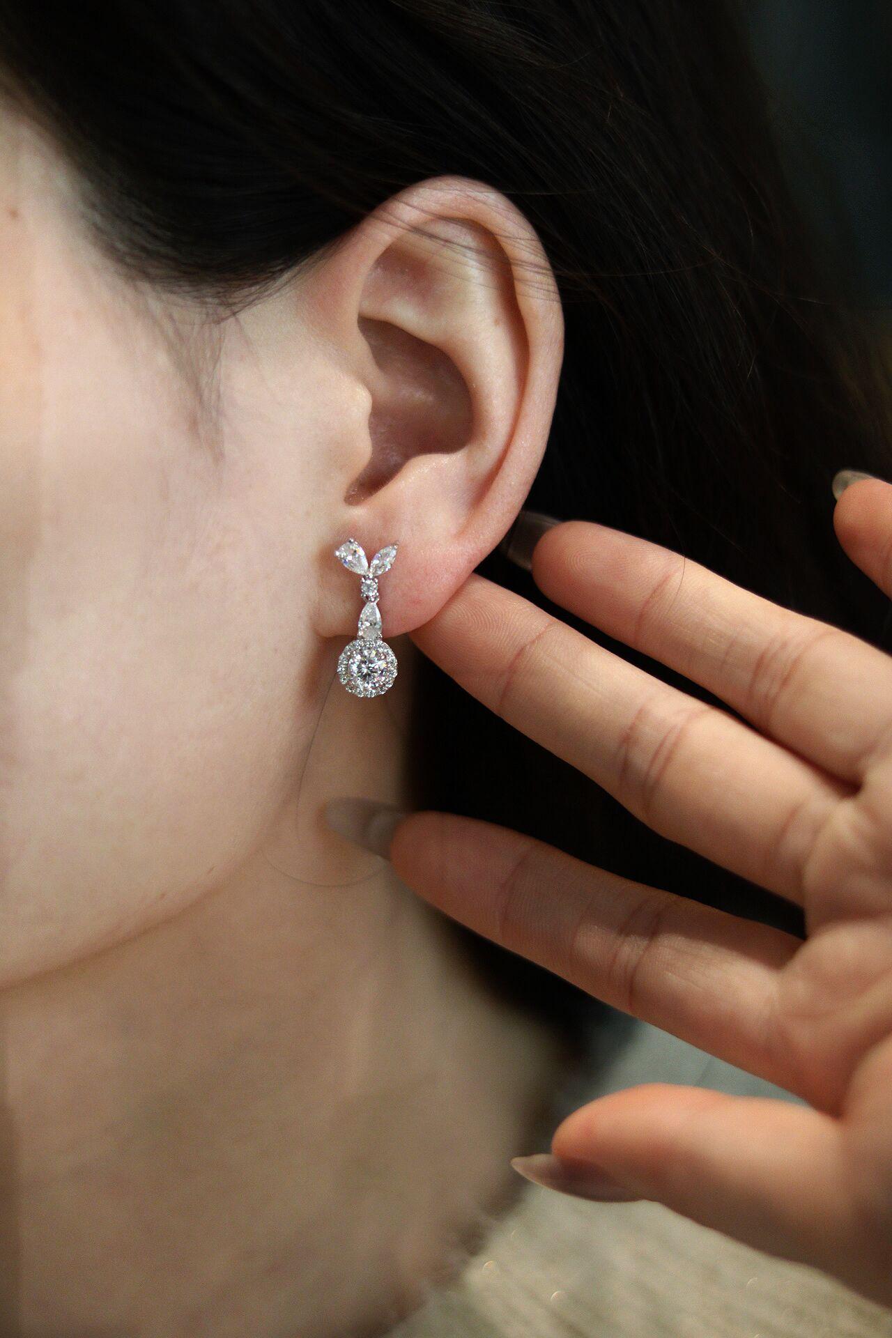 【#292 Fiona】Round Halo Dangle Synthetic Moissanite Earring in 925 Sterling Silver 1/2Carat Each