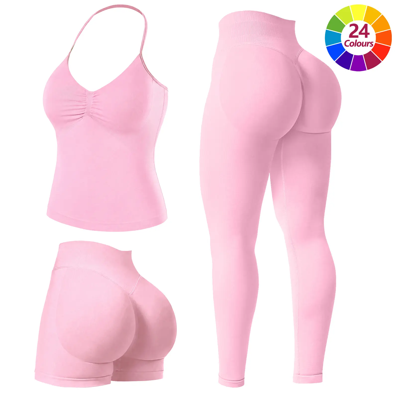 JGS1996 Two-piece Sports Sets for Women Solid Seamless Halter Backless Tank Top with High Waist Shorts Set for Yoga Fitness Gym Workout Running Breathable & Comfortable Activewear Summer High Waisted Yoga Athleisure Wear Set