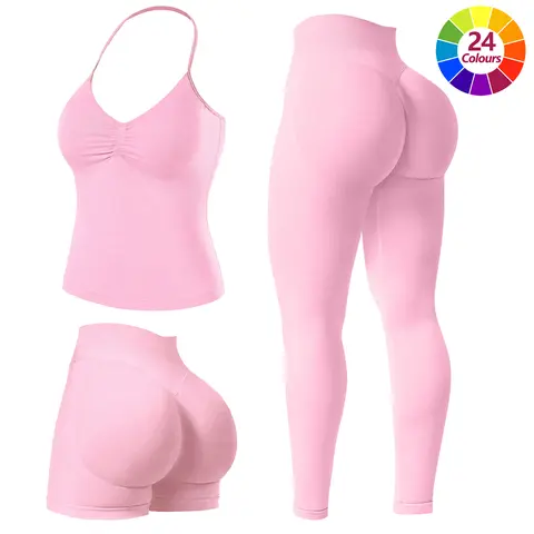 JGS1996 Two-piece Sports Sets for Women Solid Seamless Halter Backless Tank Top with High Waist Shorts Set for Yoga Fitness Gym Workout Running Breathable & Comfortable Activewear Summer High Waisted Yoga Athleisure Wear Set
