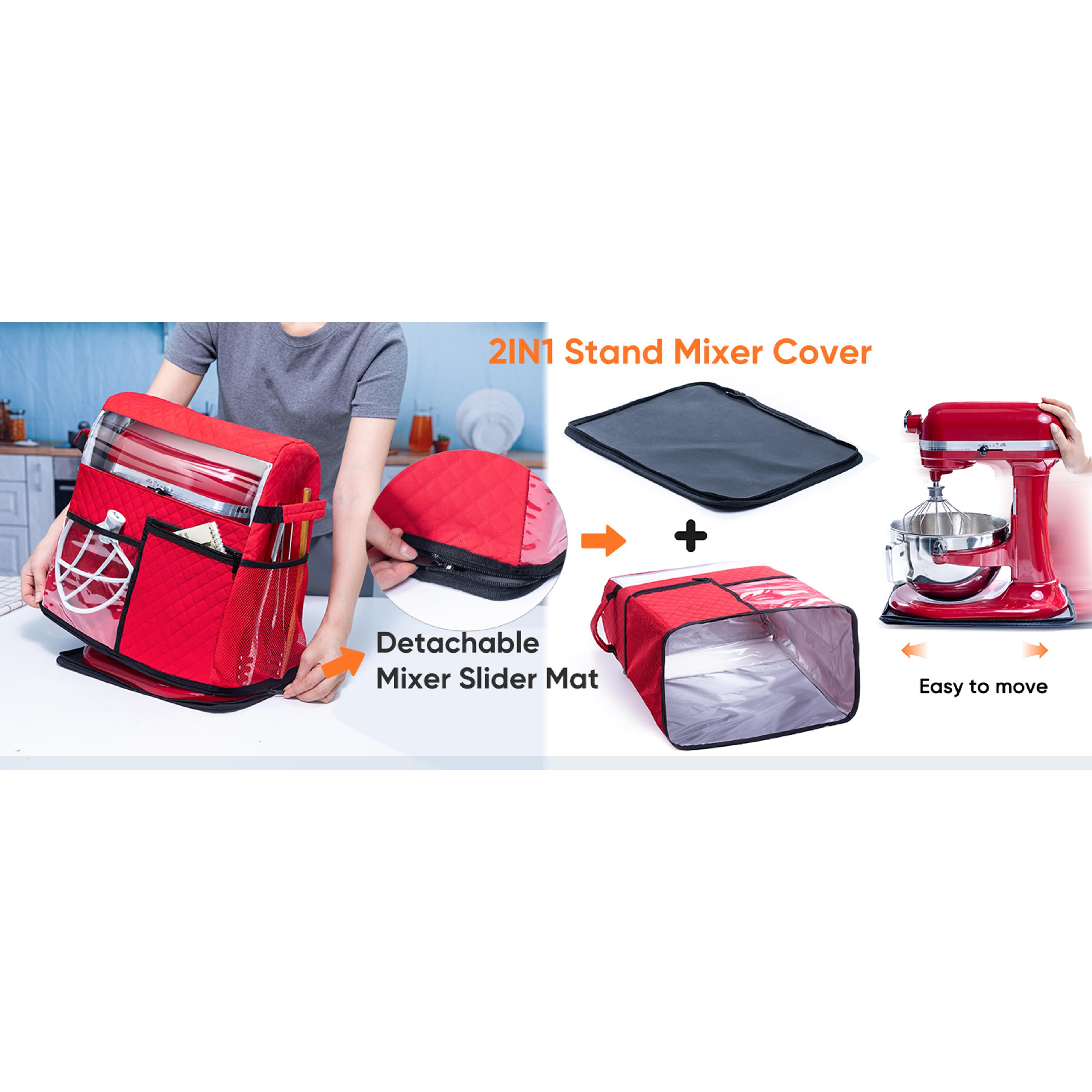 Stand Mixer Cover with Detachable Appliance Sliders Base Compatible with KitchenAid Mixer-Storage Bag for 6/7/8 Quart with Pockets for Kitchen Aid Accessories and Attachments