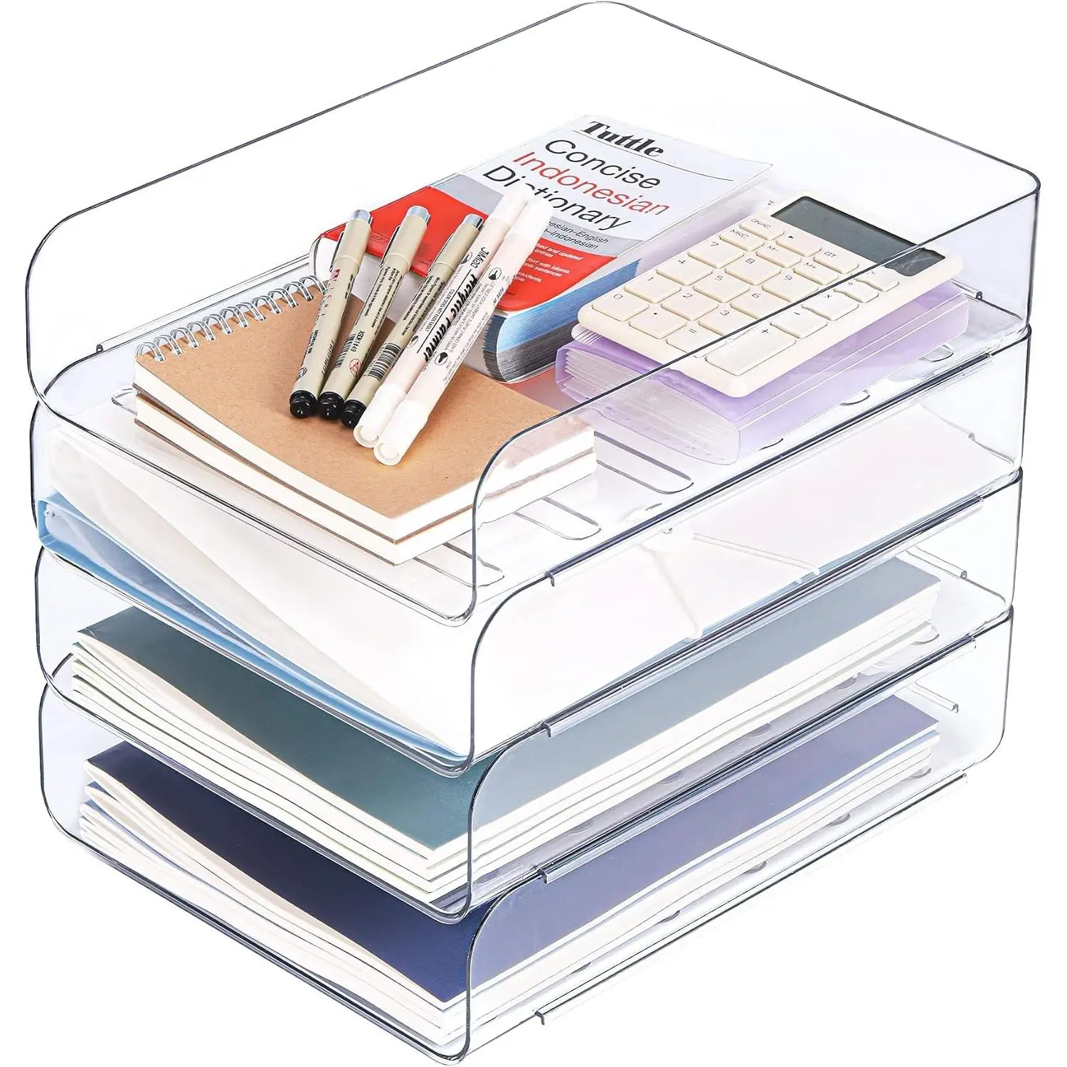 Set of 4 Office Organization and Storage, Clear PET Letter Tray Desk Organizer, Stackable Paper Tray Organizer for Desk Accessories, Notes, Pens, File Paper, Document