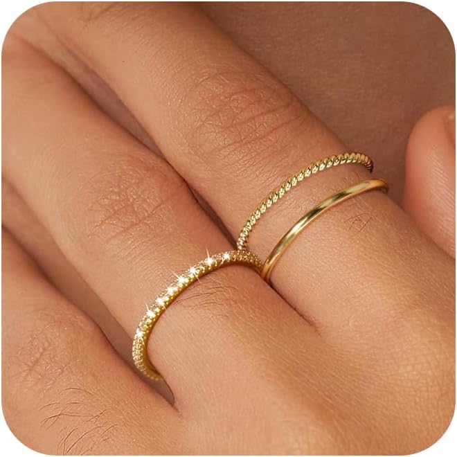 Tewiky 3PCS Rings For Women Stackable Thin Rings For Women Wedding Rings Non Tarnish Wedding Bands Aesthetic Jewelry Size For 5-12