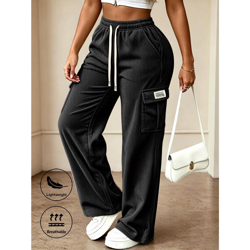 Women's Corduroy Work Pants, Wide Leg Pants, Elastic Drawstring High Waistband, Loose Casual Pants, Lightweight and Breathable with Multiple Pockets