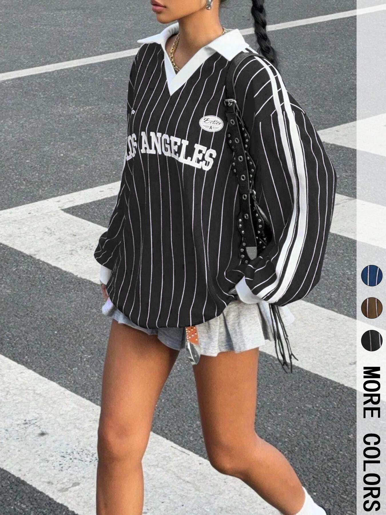 Women's Striped Long Sleeve V Neck Loose Fit Casual Comfortable Top, Spring & Fall Fashion, Moderate Fabric Thickness Kint Style