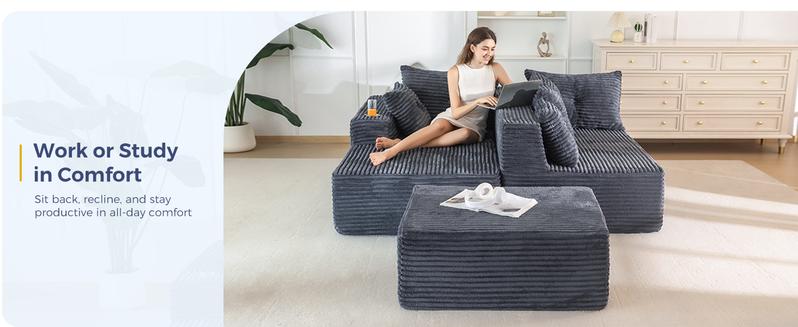 【2 Packages Shipping】MAXYOYO 104" Plush Corduroy Cloud Velvet Modular Boneless Couch with Chaise & Ottoman, No Assembly Required - U-Shaped Sectional Sofa Set with Flexible Configuration,  Oversized Sofa Sleeper with Deep Seat