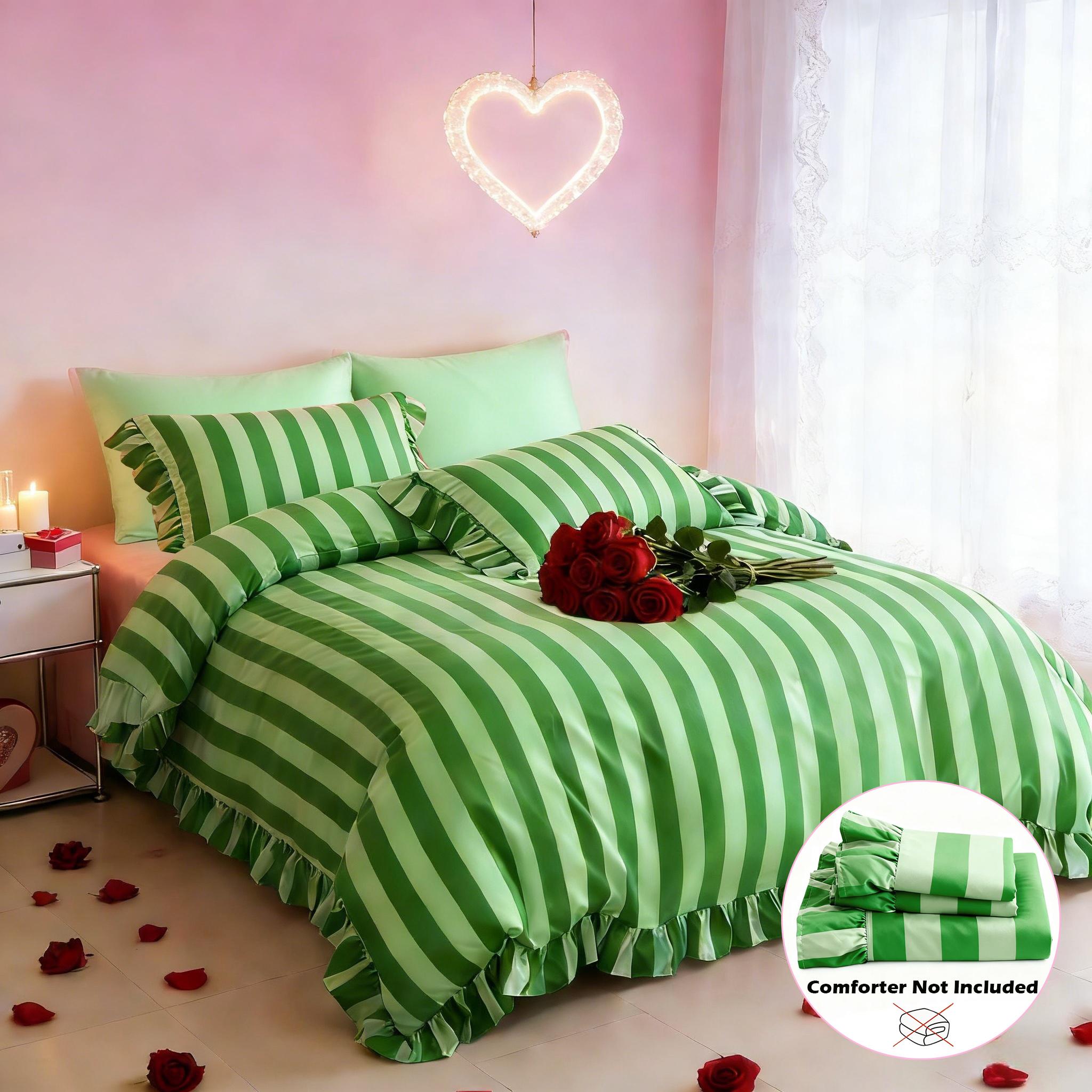 Striped Print Ruffled Soft Bedding Set, Includes 1 Duvet Cover + 2 Pillowcases, Inserts Not Included Stylish Cozy Bedding for Couple Bedroom, Ideal Valentine's Day Gift