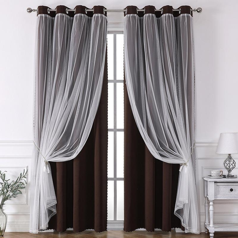 French Romantic Aesthetic Two-Layer Cloth Light-Blocking Finished Curtain, Fashionable Hole Drapery for Living Room, Stylish and Trendy Window Covering, Home Textile