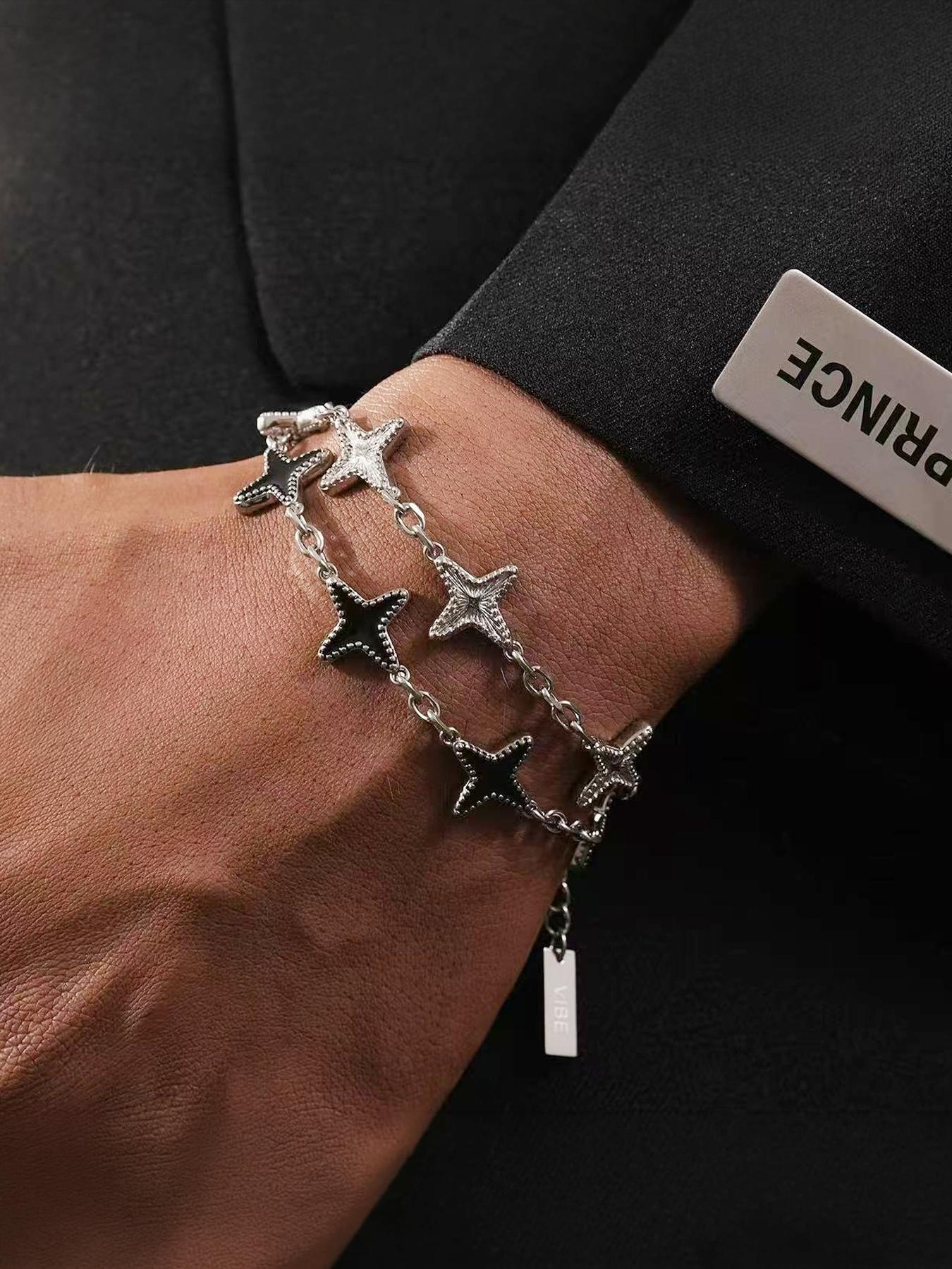 Four-pointed star bracelet, a niche design for men and women, made of titanium steel, featuring a light luxury and high-end feel, suitable for stacking, #Couple's Style# Jewelry/Stainless Steel/Fade-resistant/Allergy-proof/Festivals/Parties/Ideal Gift