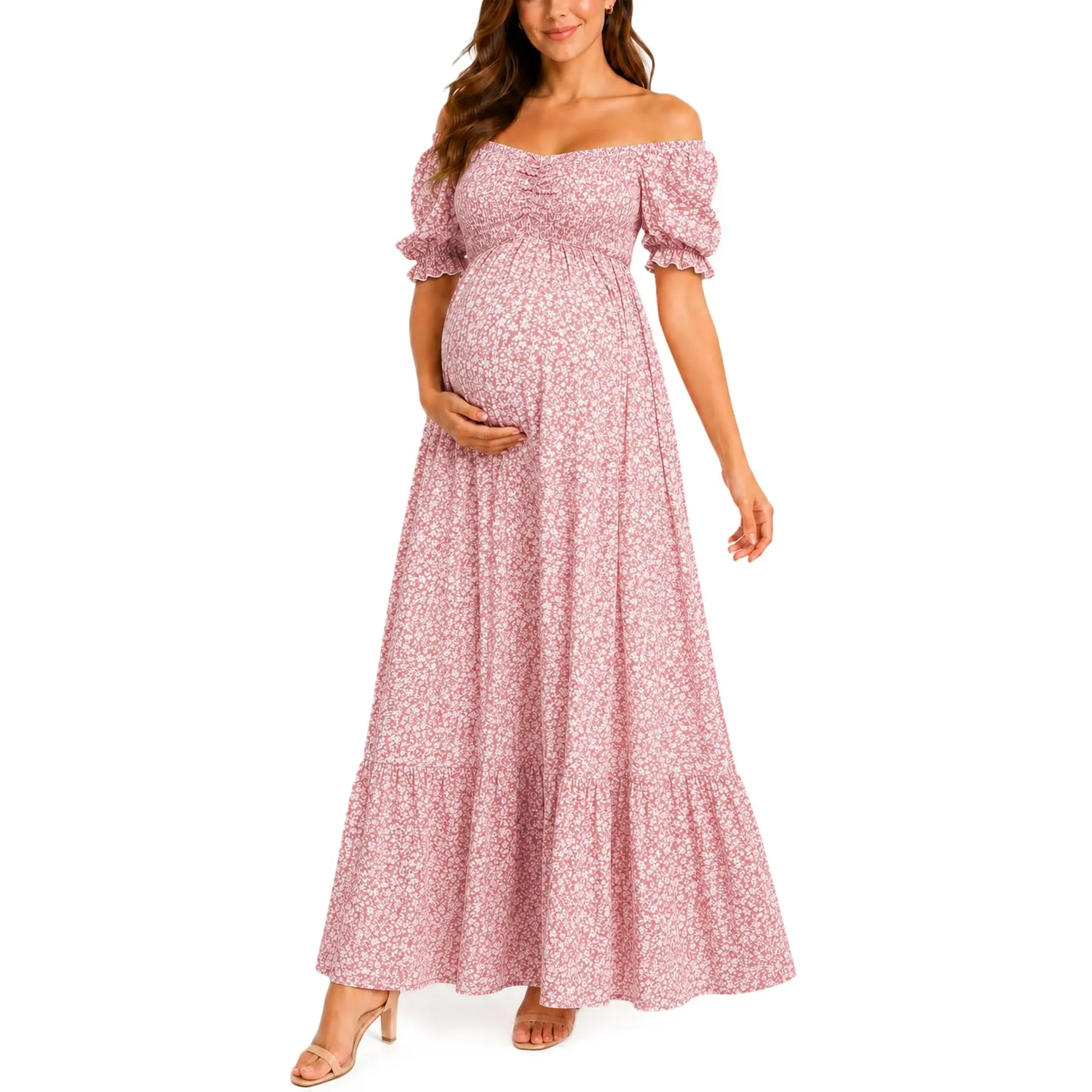 Floral Off Shoulder Smocked Maternity Dress - Photoshoot Pregnancy Summer Floral Maxi Off Shoulder Casual Dress