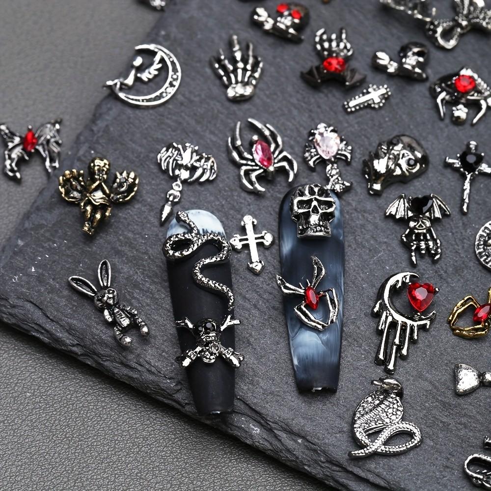 50pcs 3D Alloy Luxury Nail Art Decorations, DIY Manicure Supplies, Skull Hand Spider Bone Rabbit Cross Water Drill Designs