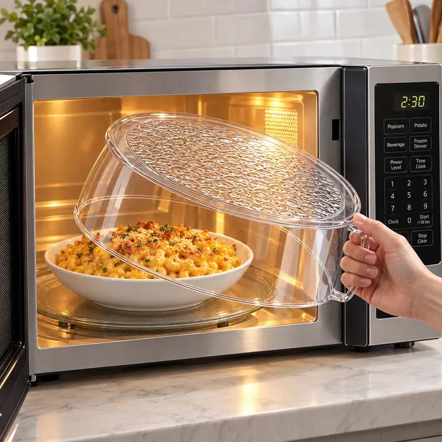 Transparent Multifunctional Microwave Splatter Cover with Handle, Heat Resistant up to 200°C, 360° Splash Protection. Heat Insulating Cover for Vegetables, Fruits and Food. Made of Durable Plastic, Stackable for Easy Cleaning, Fits Most Microwaves.