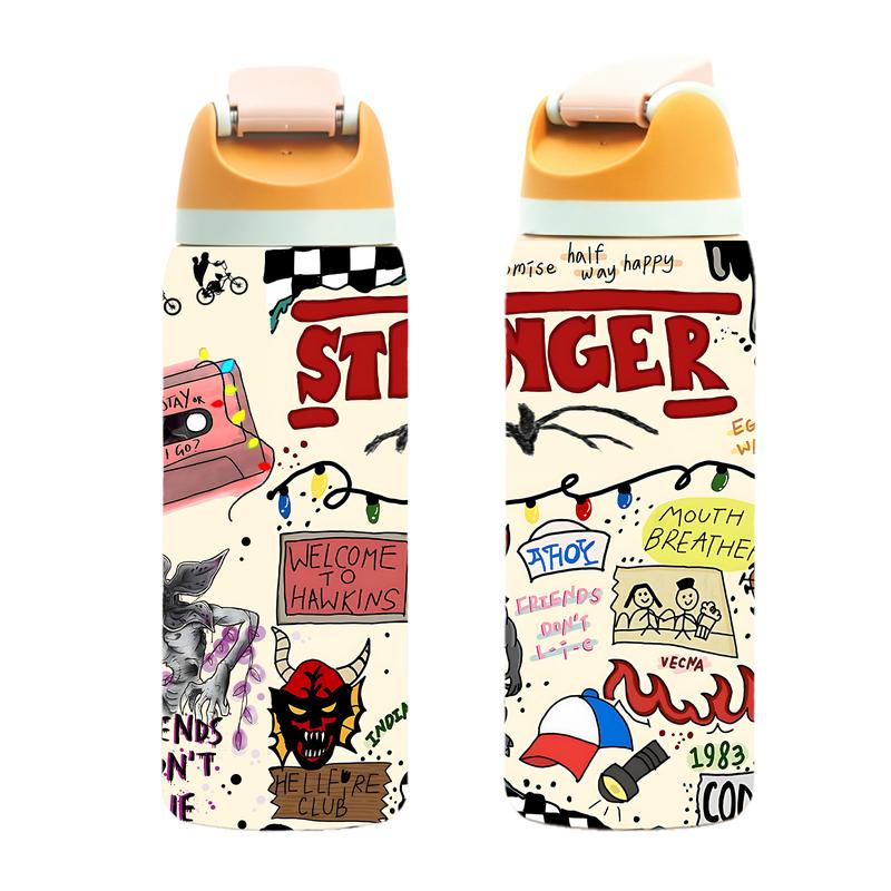 Double-Wall Stainless Steel Vacuum Cup - 19/24/32oz Insulated Mug with Flip Lid, Leak-Proof Skinny Travel Thermal Mug - Retro Horror Graffiti-Print, 12H Hot & 24H Cold Retention - Perfect for Hot & Cold Drinks, Christmas Gift for Men & Women