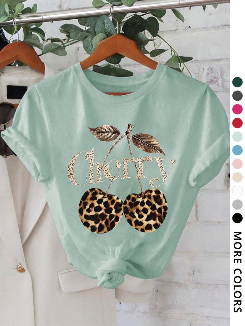 Women's Cherry & Leopard Print Round Neck Graphic Tee, Vintage Trendy Casual Short Sleeve T-shirt for Daily Wear, Ladies All Seasons Outfit, Top