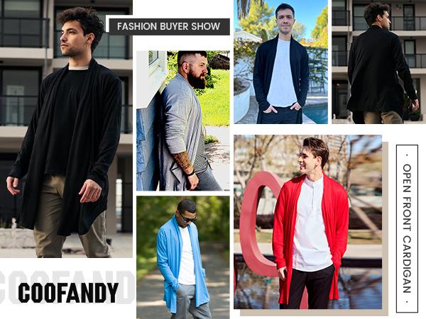 COOFANDY Men's Ruffle Shawl Collar Cardigan Open Front Lightweight Long Length Drape Cape Overcoat with Pockets