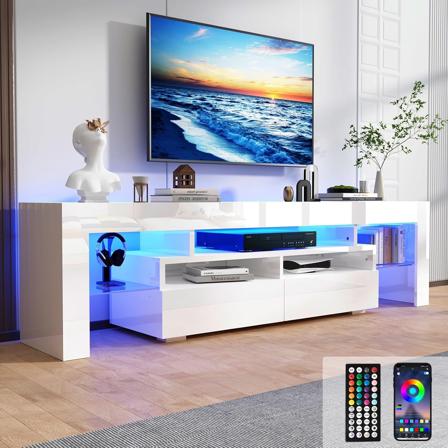 TV Stand with 16 Color LED Lights, Media Console with Drawer and Glass Open Shelf for 65/75/85/90/100 inch TV, Modern Gloss Entertainment Center for Living Room, Black/white