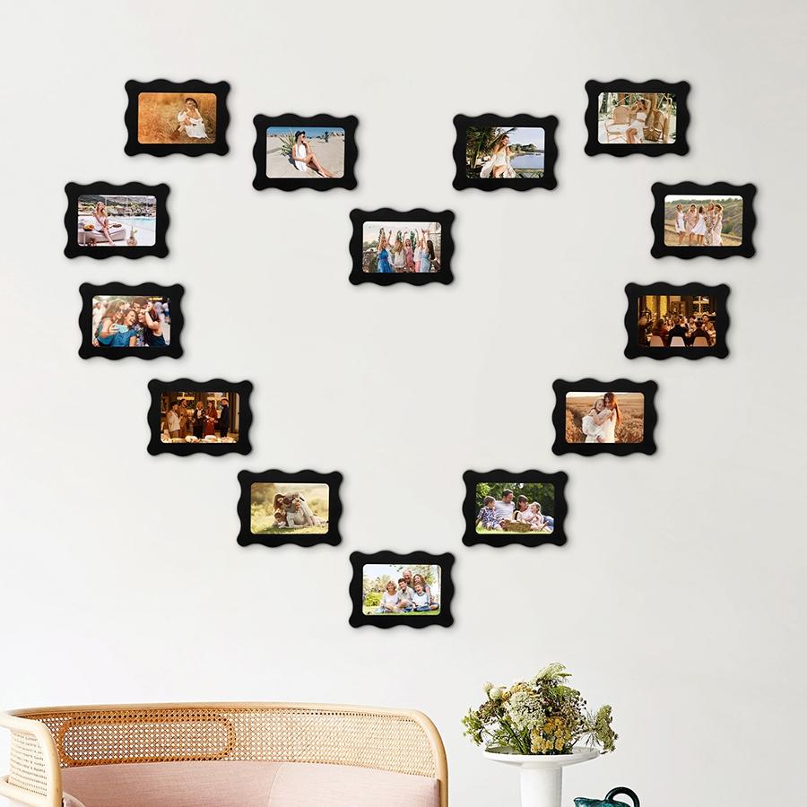 15pcs Creative Rectangular Wave Decorative Picture Frame Set, Heart Shape Photo Frames Wall Record, Home Decoration