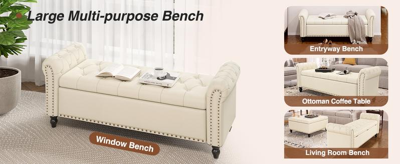 Vabches Bedroom Bench, End of Bed Bench with Storage, Bed Benches for Foot of Bed, Faux Leather Window Bench with Rolled Arms, Upholstered Storage Bench with Tufted Button and Nailhead Trim
