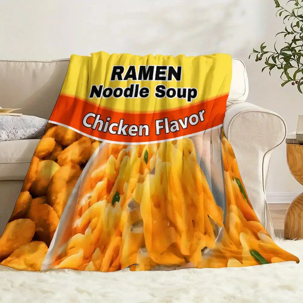 Extra Large Ramen Noodle Blanket Suitable for Bed, Couch, Camping & Travel - Japanese Food-Themed Throw with Chicken Noodle Soup Print & Toppings, Soft Flannel Bedspread Gift for Ramen Lovers, Machine Washable Multi-Color Options