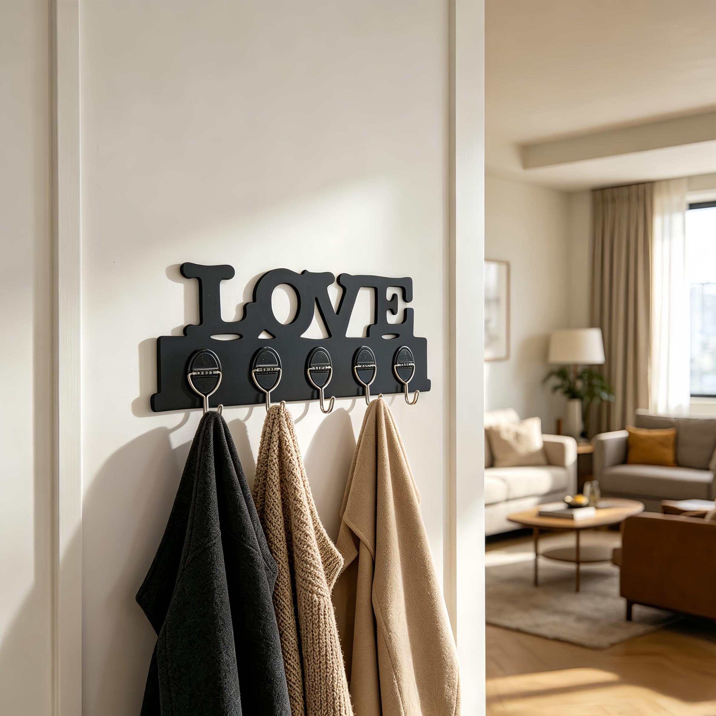 2-Pack Love Graphic Plastic Hook Rack, Wall-Mounted Key Hooks, 5 Strong Hooks, Easy Install with Adhesive Backing, Ideal for Entryway Organization