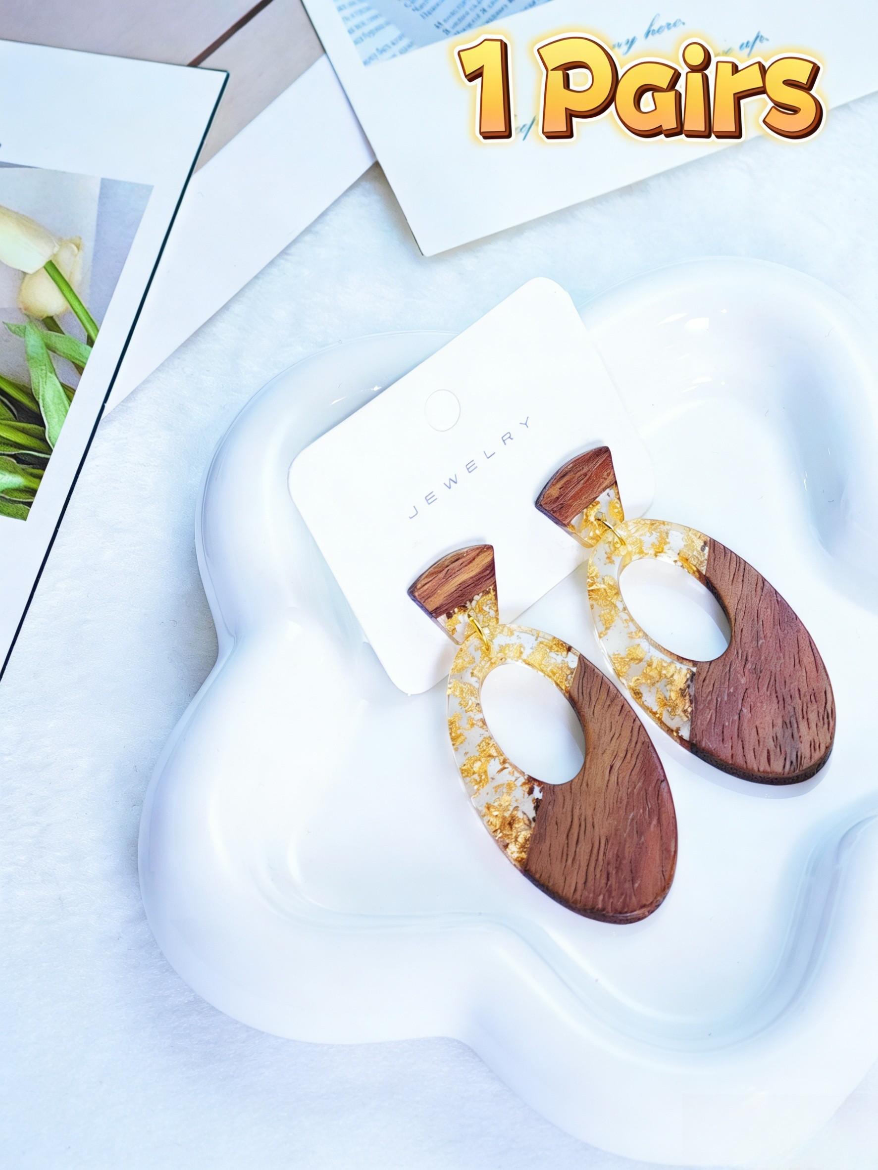 Boho Style Wooden Resin Gold Foil Earrings, Shiny Bling Effect, Natural Wood Ear Studs, Women's Fashion Jewelry, Perfect Gift for All Seasons