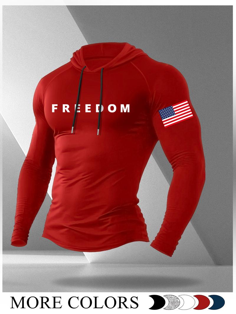 Men's Cartoon Print Hooded Long Sleeve T-Shirt, Casual Fitted Gym Workout Top, Fall Fashion, Moderate Fabric, H-Type Silhouette