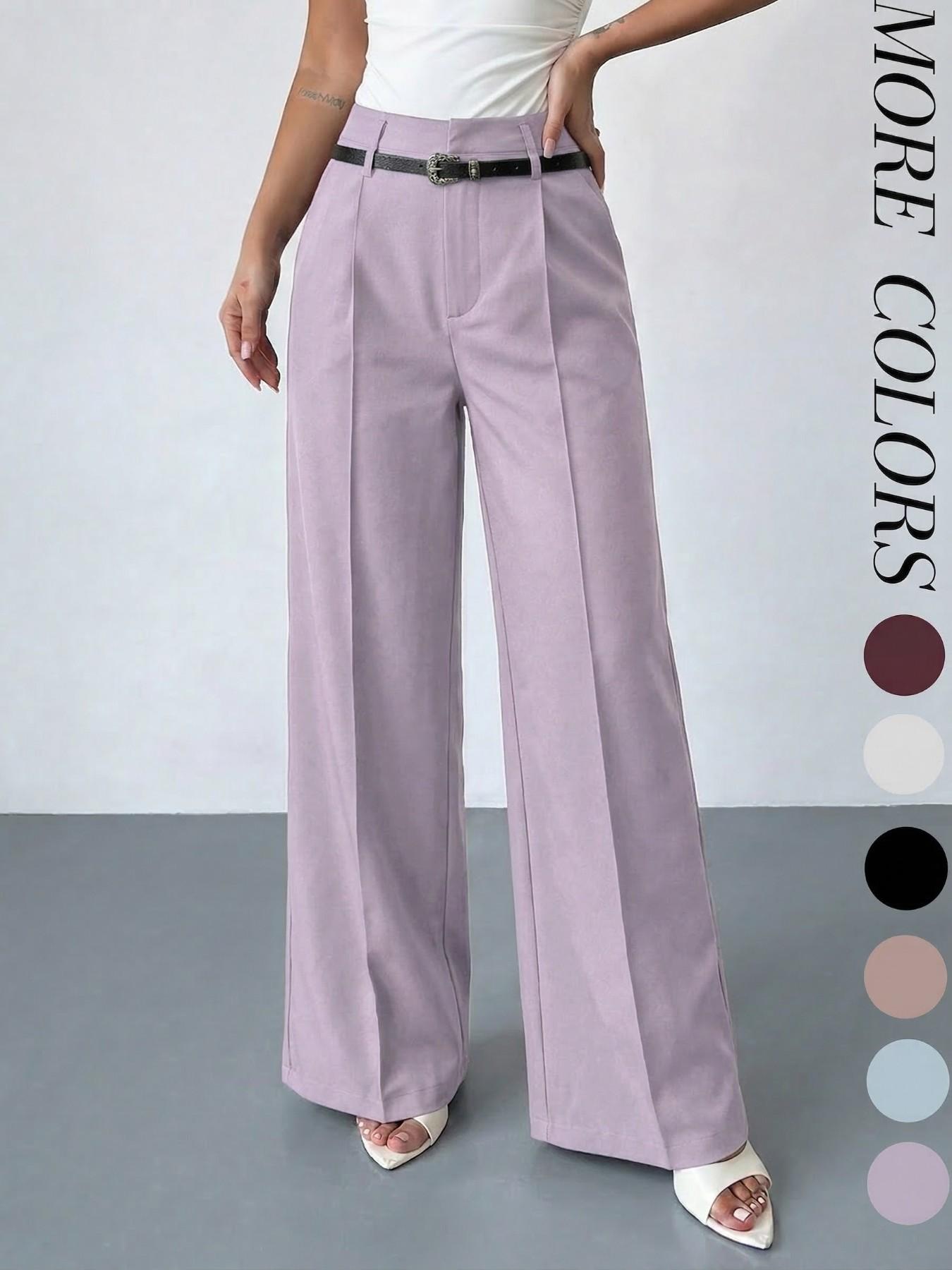 Women's Elastic Waist Solid Color Zipper Button Pocket Wide Leg Trouser Pants, Elegant Commuter Multi-Functional Office Wear Womenswear