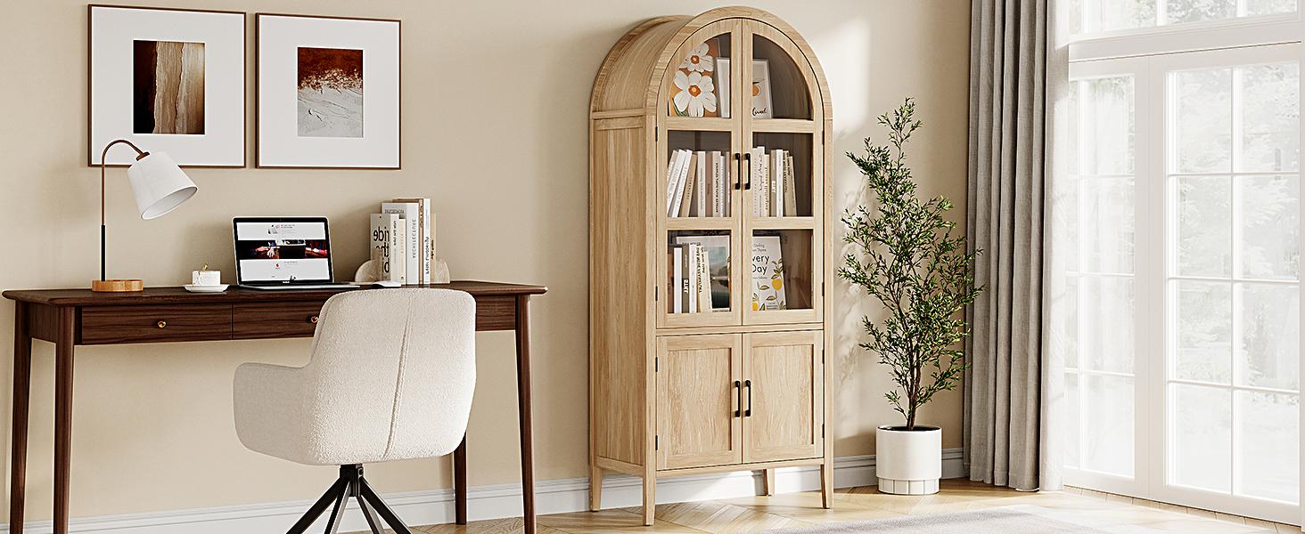 【SPOTLIGHT DAY】ONBRILL 71" Tall Arched Cabinet, 5-Tier Arched Kitchen Pantry with Glass Doors & Shelves, Modern Display Arch Cabinet with Adjustable Feet, Wooden Pantry for Living Room, Dining Room