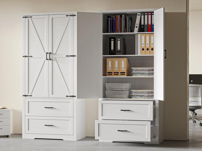 Pantry Organizers and Storage Cabinet, 71” Barn Door White Kitchen Cabinet with Drawers and Adjustable Shelf, Tall Pantry for Kitchen, Dining Room, Living Room. Bathroom and Office