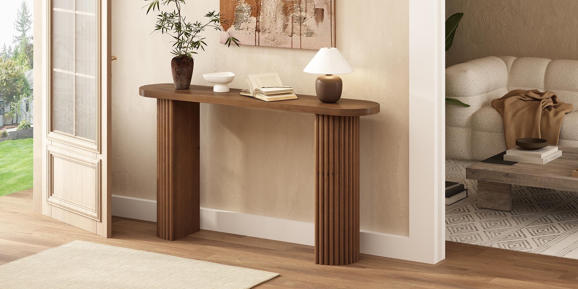 Fluted Solid Wood Console Table Farmhouse Entryway Table with Rounded Corners, Morden Sofa Tables Behind Couch for Foyer, Entrance, Living Room, Hallway
