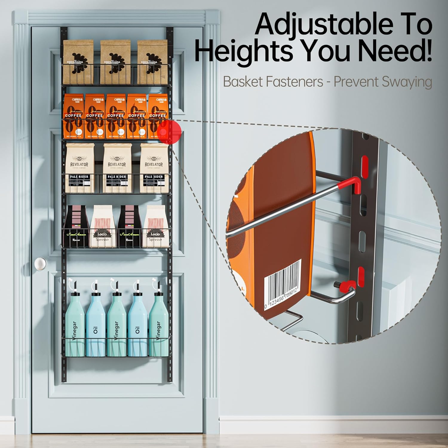 DELAMU Pantry Door Organizer, Adjustable Metal Door Over Door Pantry Organizer, 6 Tier Over Door Storage Rack, Kitchen Pantry Door Organizer and Storage Cabinet, D5 W16.6 H52.1 Inch Hanging Hangable bathroom organizer metal storage rack sturdy metal