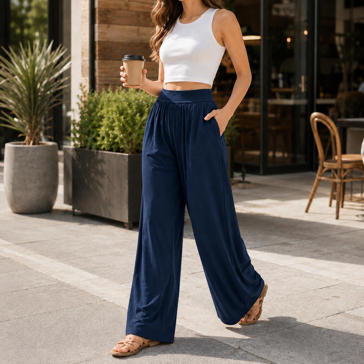 Women's Elastic High-Waisted Wide-Leg Pants 2025 New Casual Sports Trousers High-Quality Fabric