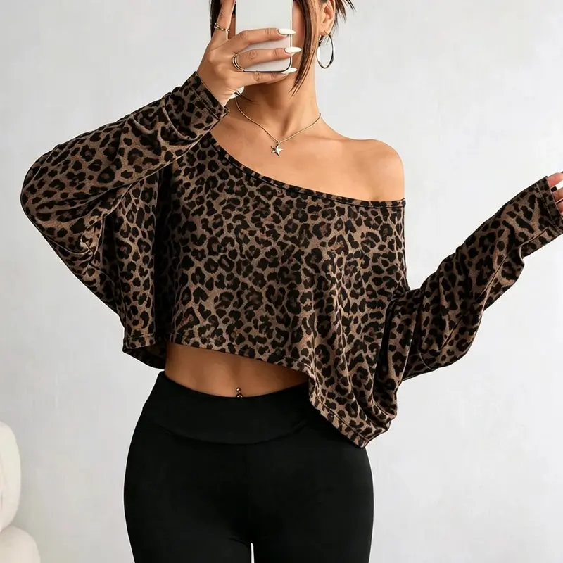 Vintage Leopard Print Long Sleeve Top, Adjustable Shoulder Design, Loose Fit, Short Hem, Casual Style, Perfect for Daily Wear