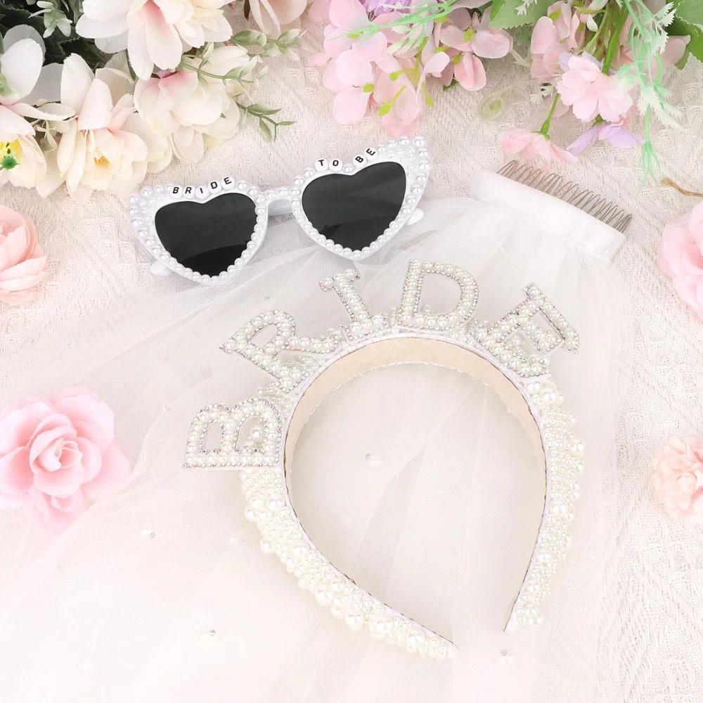 3pcs Pearl Headband Bride Veil Heart Sunglasses for Bachelorette Party Supplies Bride Accessories Wedding Bridal Shower Gifts