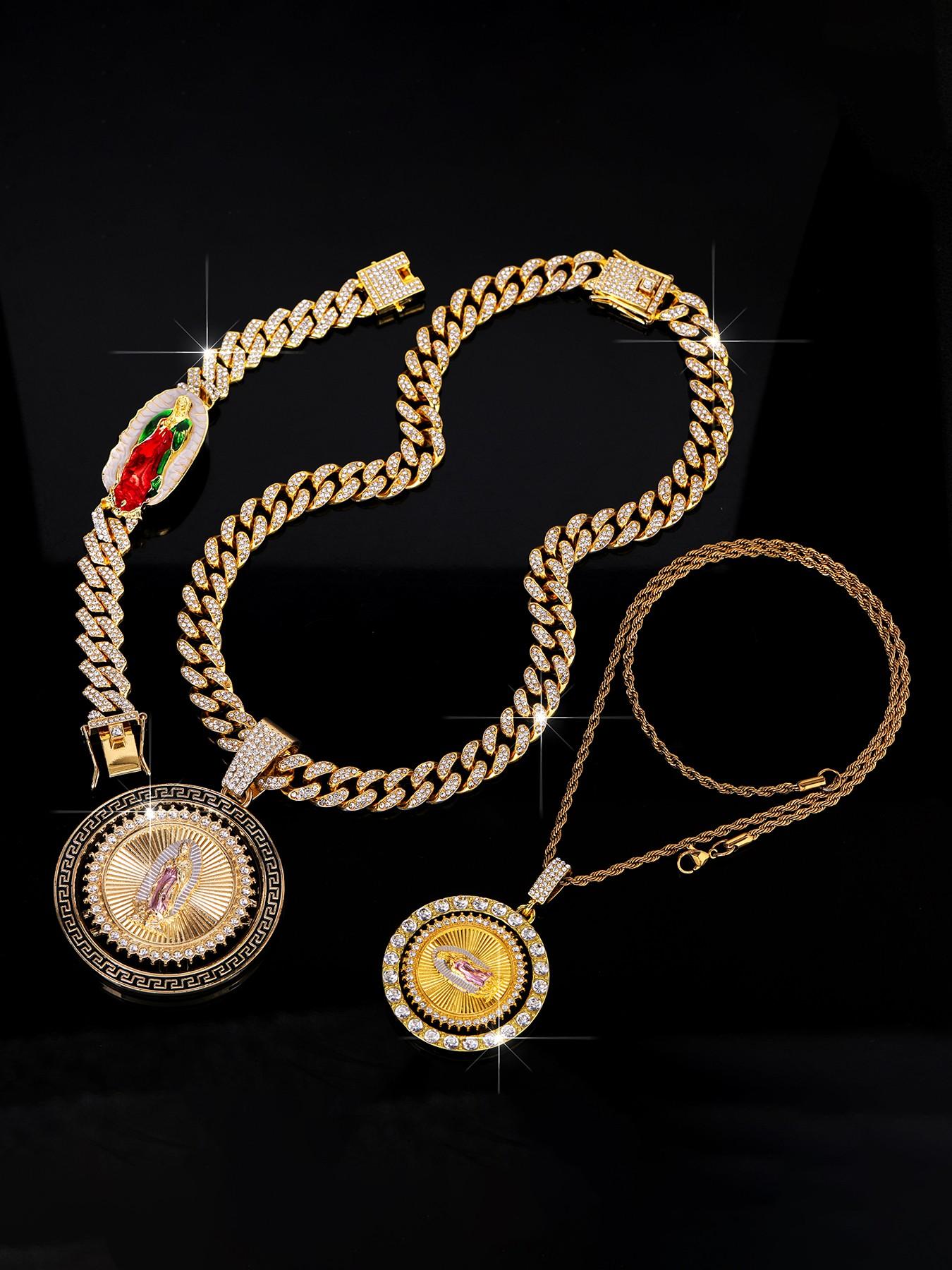 3pcs/set Men's Jewelry, Hip Hop Style Virgin Mary Pendant, Stacking Necklace & Bracelet Set, Iced Out Blingbling, Punk Style Accessory